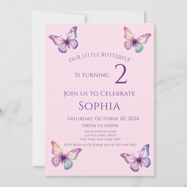 Convite Borboleta Rosa Aniversário de Qualquer Idade (Frente)