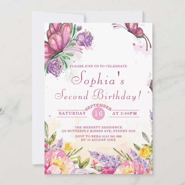 Convite Borboleta Rosa Aquarela Floral Aniversário (Frente)