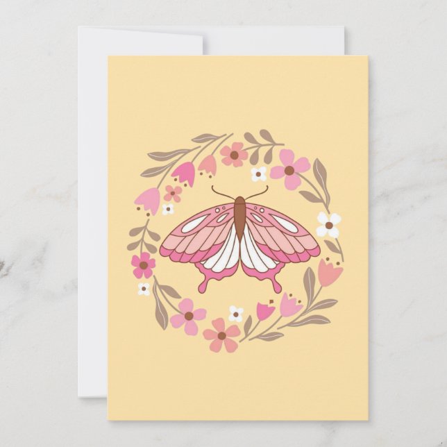 Convite Borboleta Rosa Boho e Ilustração de Grinalda Flora (Frente)