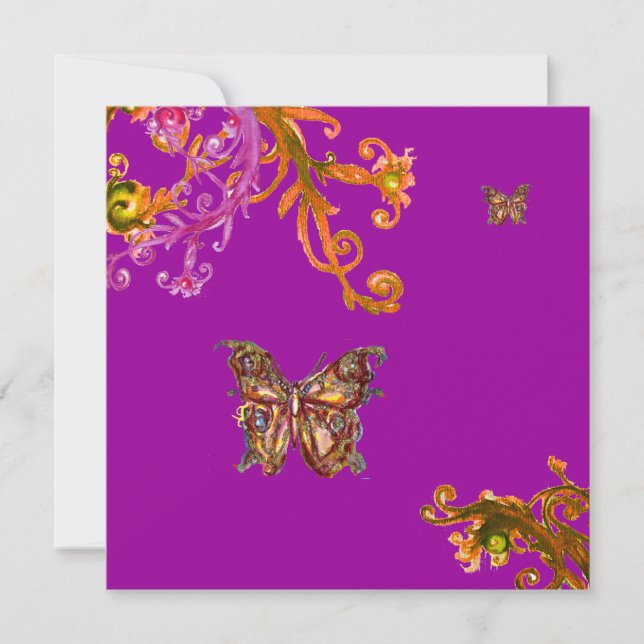 Convite BORBOLETA, rosa brilhante amarelo violeta roxo (Frente)