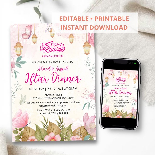 Convite Borboleta Rosa Caprichosa Floral Iftar do Ramadan (Criador carregado)