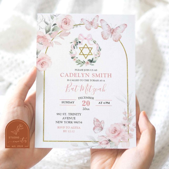 Convite Borboleta Rosa Coral Bat Mitzvah Floral (Criador carregado)