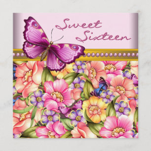 Convite Borboleta rosa Dourada rosa cor-de-rosa doce 16