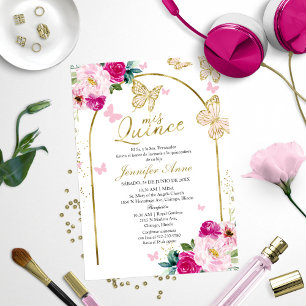 Convite Borboleta Rosa Floral Espanhola Quinceanera