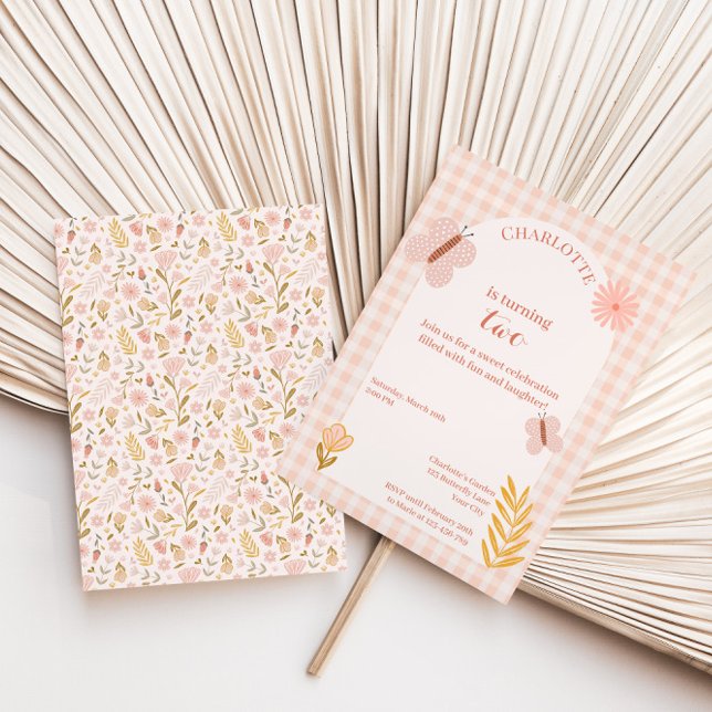Convite Borboleta Rosa Gingham com Flores Aniversário (Criador carregado)