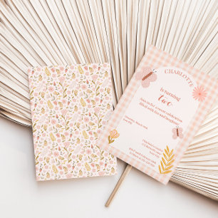 Convite Borboleta Rosa Gingham com Flores Aniversário