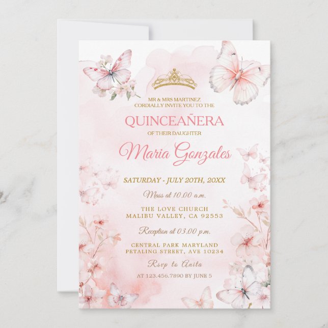 Convite Borboleta rosa Quinceañera (Frente)