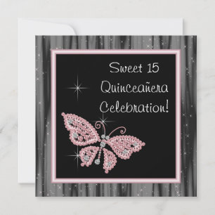 Convite Borboleta Rosa Quinceanera Rosa e Preta