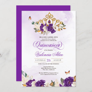 Convite Borboleta Rosa Roxa Dourada Tiara Quince