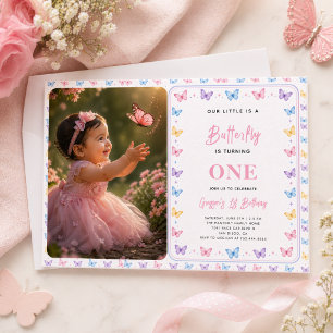 Convite Borboleta Rosa Roxa Fofa Aniversário de 1 ano para
