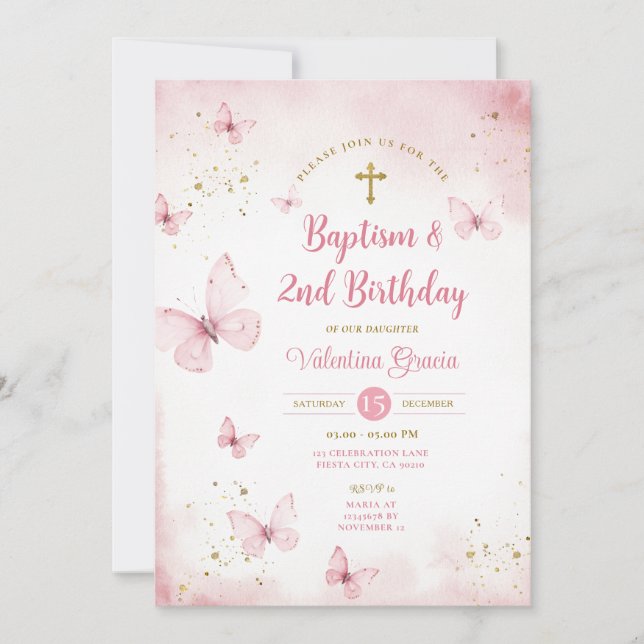 Convite Borboleta rosa segundo aniversário batismo cruz (Frente)