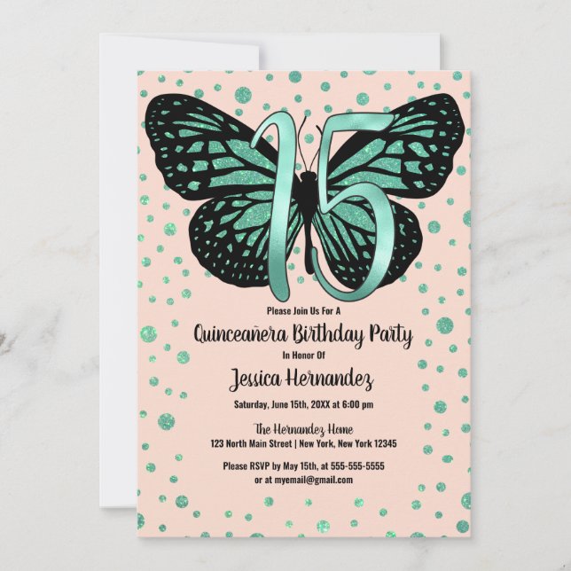 Convite Borboleta Rosa Teal Glitter Confetti Quinceañera (Frente)