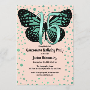 Convite Borboleta Rosa Teal Glitter Confetti Quinceañera