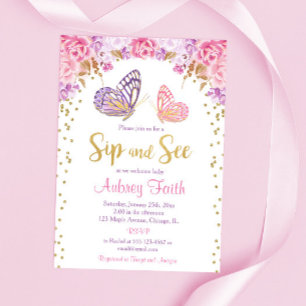 Convite Borboleta roxa cor-de-rosa e púrpura e veja a meni