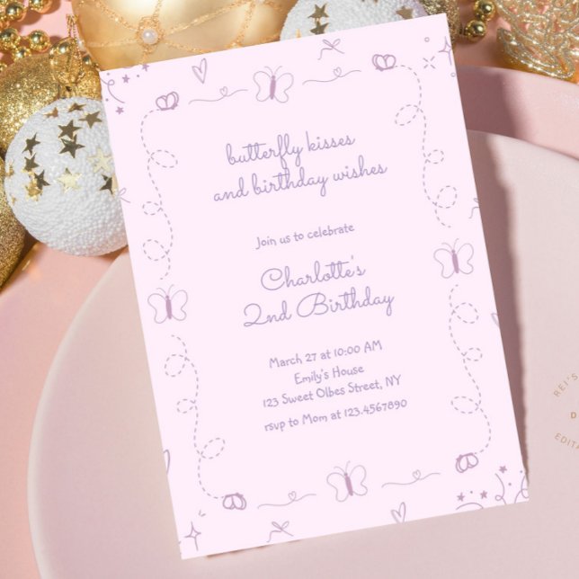 Convite Borboleta Roxa Desenhada À Mão Branca (Purple Butterfly Birthday Invitation, Whimsical Butterfly Birthday, Hand drawn Butterflies, Handwrit)