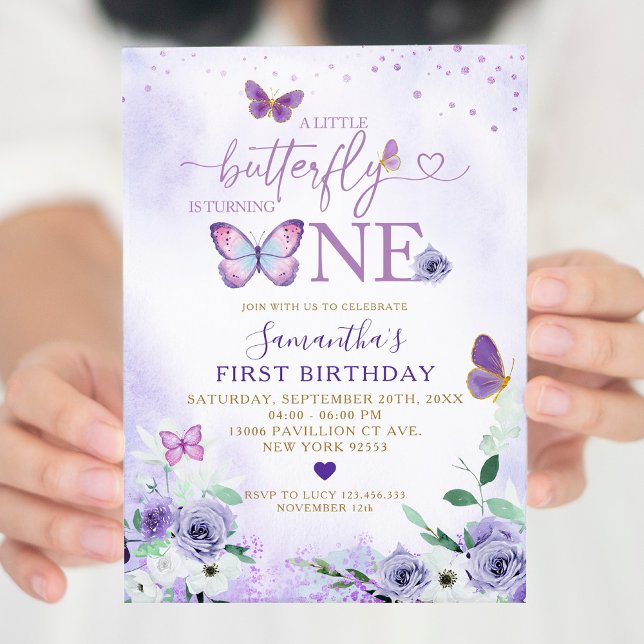 Convite Borboleta Roxa Elegante está virando um aniversári (Criador carregado)