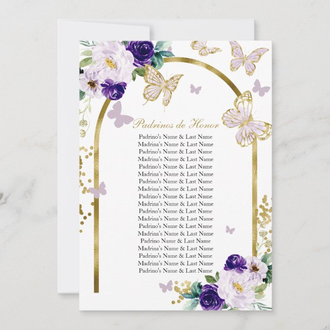 Convite Borboleta Roxa Quinceanera Padrinos de Honra (Frente)
