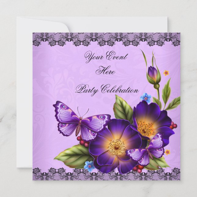 Convite Borboleta Roxo Flor de Renda Damask Festa (Frente)