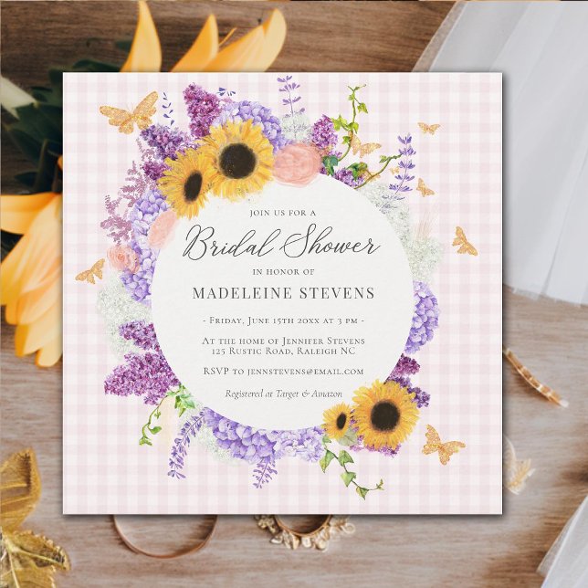 Convite Borboleta russa Chá de panela de Hydrangea (rustic butterfly bridal shower invitation pink gingham sunflower hydrangea lilac wreath gold elegant)