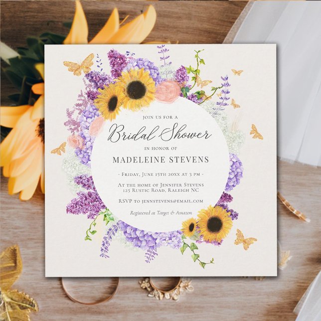 Convite Borboleta russa Girassol Chá de panela Liloso (rustic butterfly bridal shower invitation sunflower hydrangea lilac wreath elegant modern romantic)