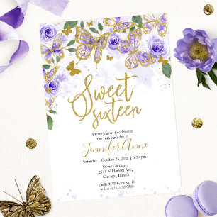 Convite Borboleta Sweet 16 Floral Roxo Dourado