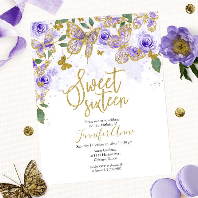Convite Borboleta Sweet 16 Orçamento Floral Roxo (Criador carregado)