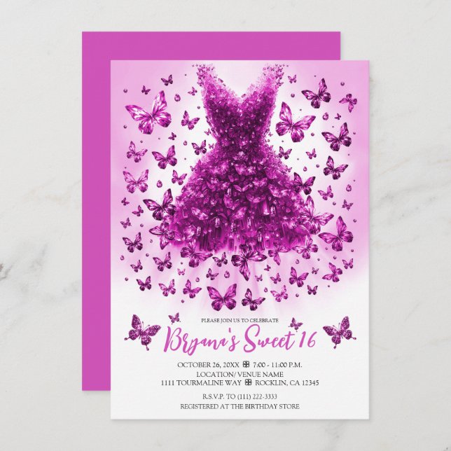 Convite Borboleta Tormalina Rosa Vestida Outubro Birthston (Frente/Verso)