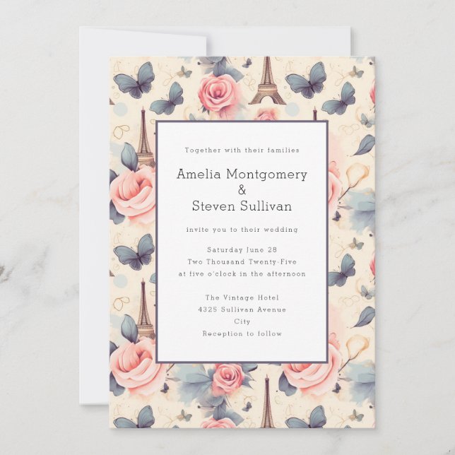 Convite Borboleta Torre Eiffel e Casamento de Padrão de Ro (Frente)
