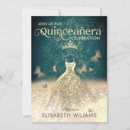 Convite Borboleta verde Dourada Quinceañera