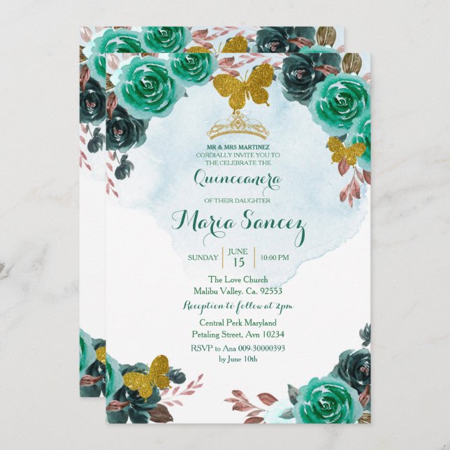 Convite Borboleta Verde Emerald Charra Mis Quince (Frente/Verso)