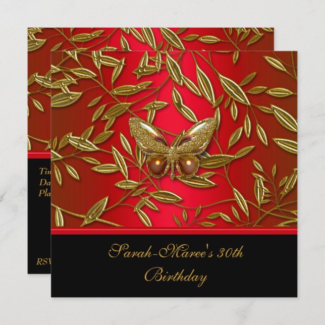 Convite Borboleta Vermelha aniversário de 40 anos Elegante (Frente/Verso)