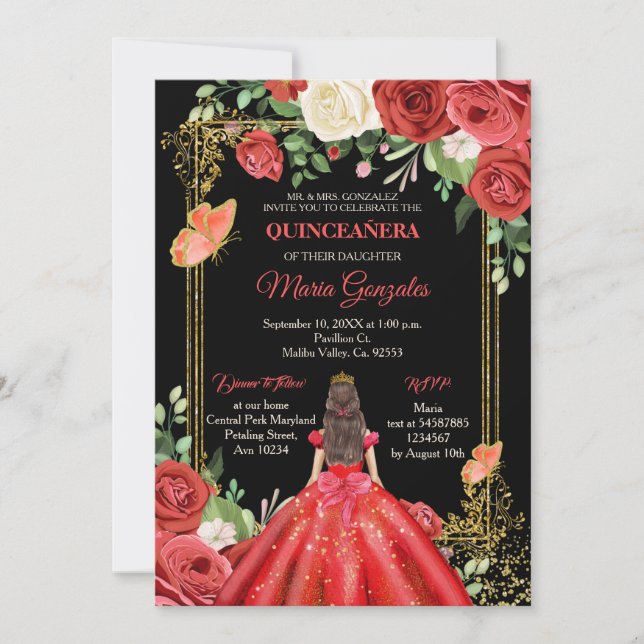 Convite Borboleta Vermelha Coral Mexicana Quinceanera  (Frente)
