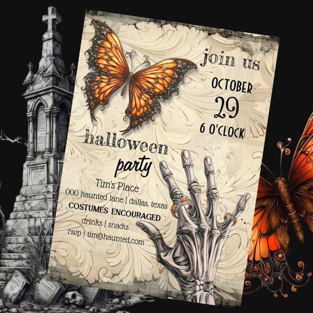 Convite Borboleta Vitoriana | Esqueleto | Halloween gótico (Haunted Halloween party invitation with steampunk monarch butterfly and skeleton hand with rings. )