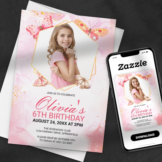 Convite Borboleta Whimsic Beija Foto Para Rapariga Anivers (Criador carregado)