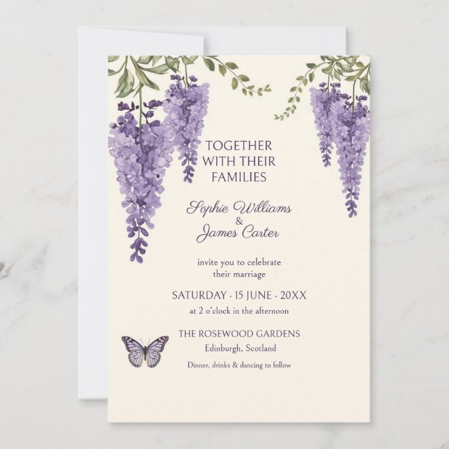 Convite Borboleta Wisteria Lavanda Casamento Provença (Frente)