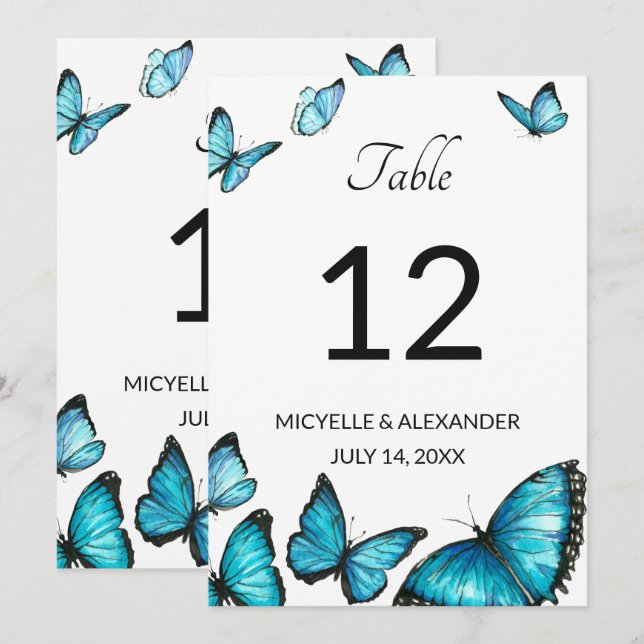 Convite Borboletas aguarela azuis Número da Mesa de Casame (Frente/Verso)