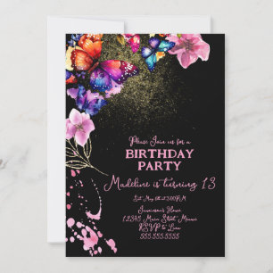 Convite Borboletas Aquarela em Florais Preto Aniversário