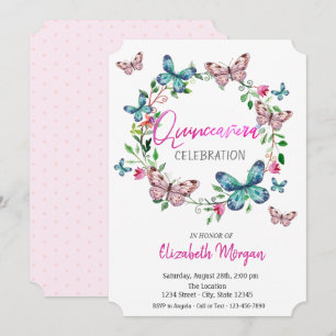 Convite Borboletas Aquarela Pontos Rosa Quinceanera