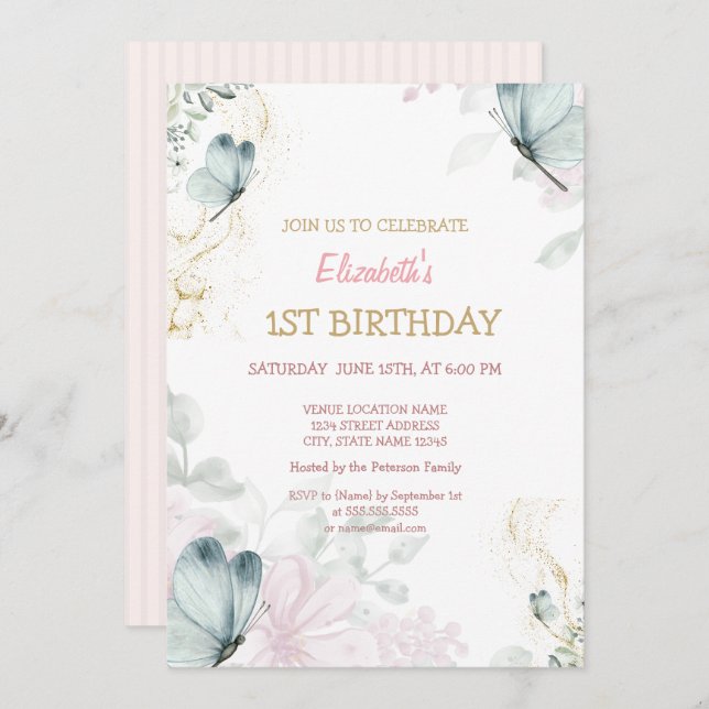 Convite Borboletas Azuis de Cana-de-Água - Greve Rosa (Frente/Verso)