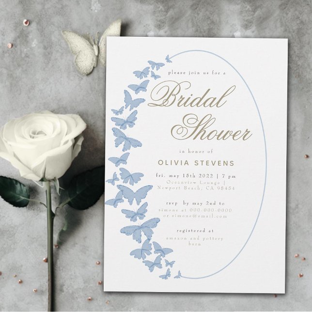 Convite Borboletas Azuis Dusty Boho Elegante Chá de panela (dusty blue butterflies boho frame elegant bridal shower invitation modern romantic chic stylish chic)
