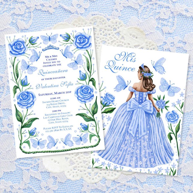 Convite Borboletas azuis e princesa Rosa Quinceanera (Blue Butterflies and Roses Princess Quinceanera Invitation)