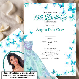 Convite Borboletas Azuis e Vestido Debut de 18 Anos
