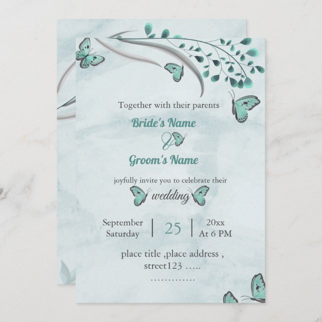 Convite borboletas azuis folhas casamento floral (Frente/Verso)