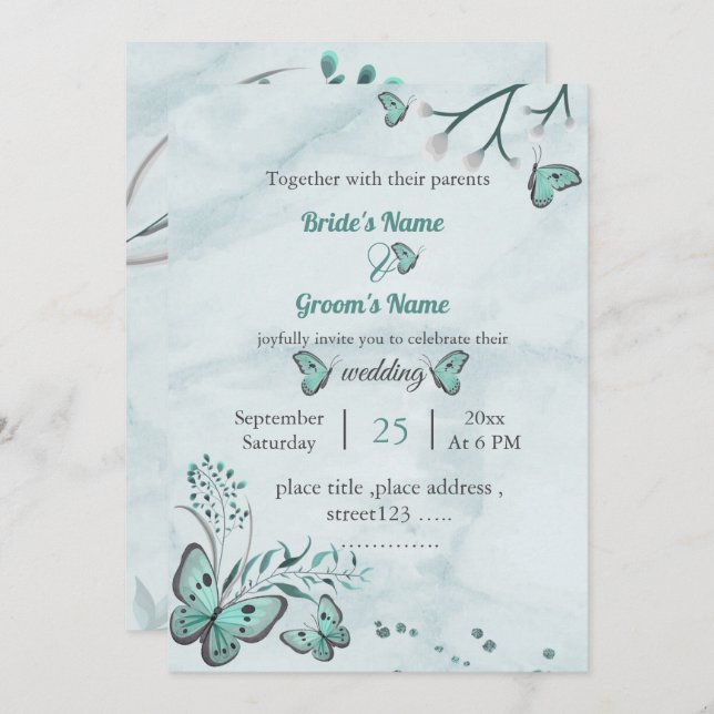 Convite borboletas azuis folhas casamento floral (Frente/Verso)