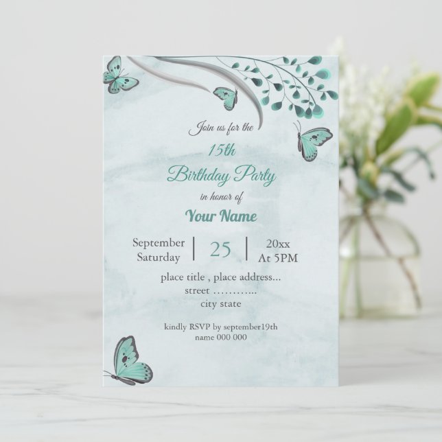 Convite borboletas azuis folhas festa de aniversário flora (Em pé/Frente)