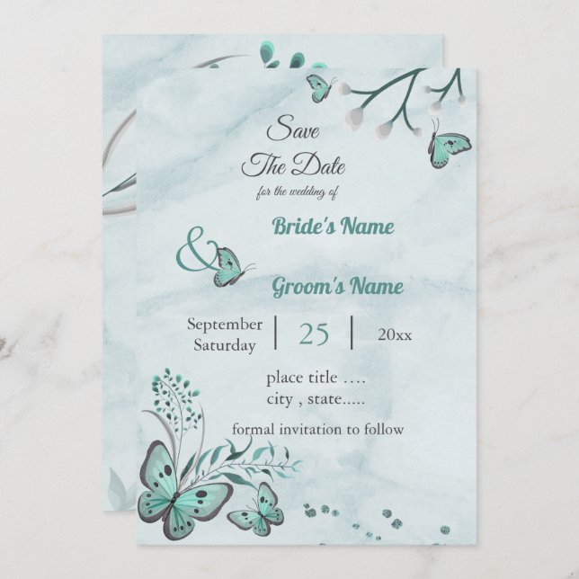 Convite borboletas azuis folhas florais exceto data (Frente/Verso)