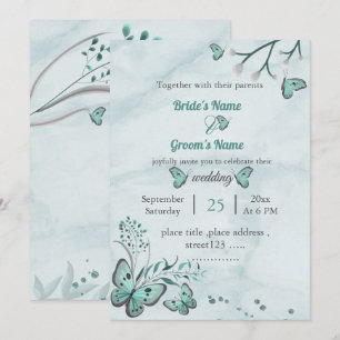 Convite borboletas azuis folhas floral casamento