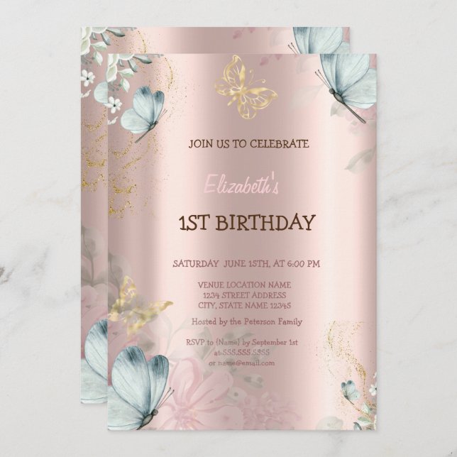 Convite Borboletas Azuis Rosa Dourado Aniversário (Frente/Verso)