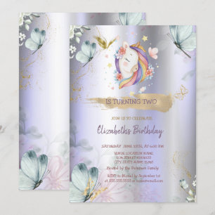 Convite Borboletas Azuis Unicórnio Violeta Metálico Aniver