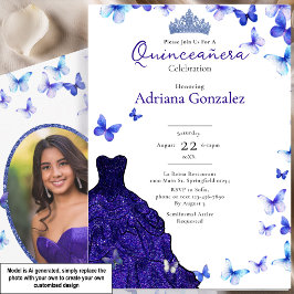 Convite Borboletas Azuis Vestido Tiara Foto Quinceanera